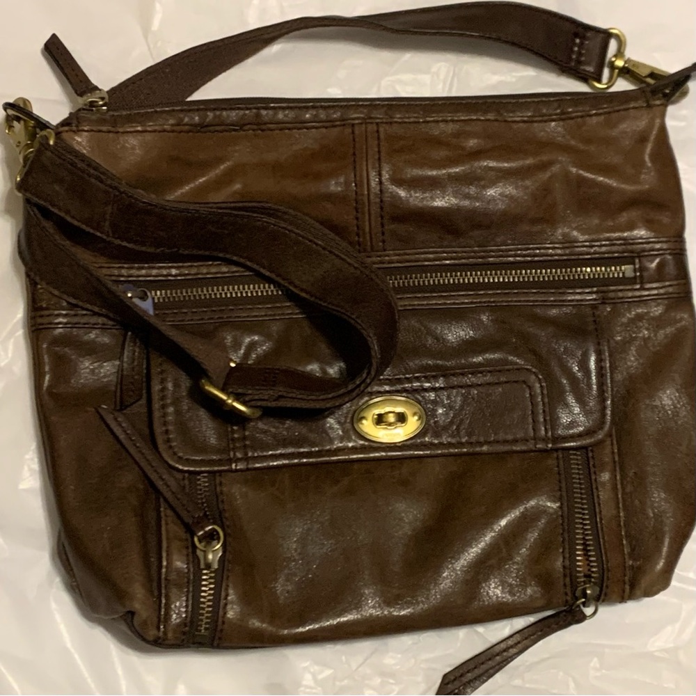 Fossil Brown Leather Distressed Hobo Crossbody Shoulder Bag Purse